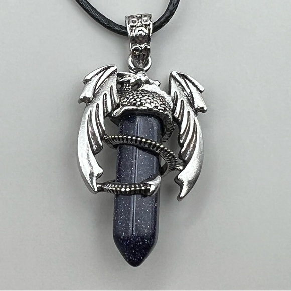 New Dragon Blue Sandstone Hexagonal Amulet Chakra Pendant Necklace w Cord - Picture 4 of 8